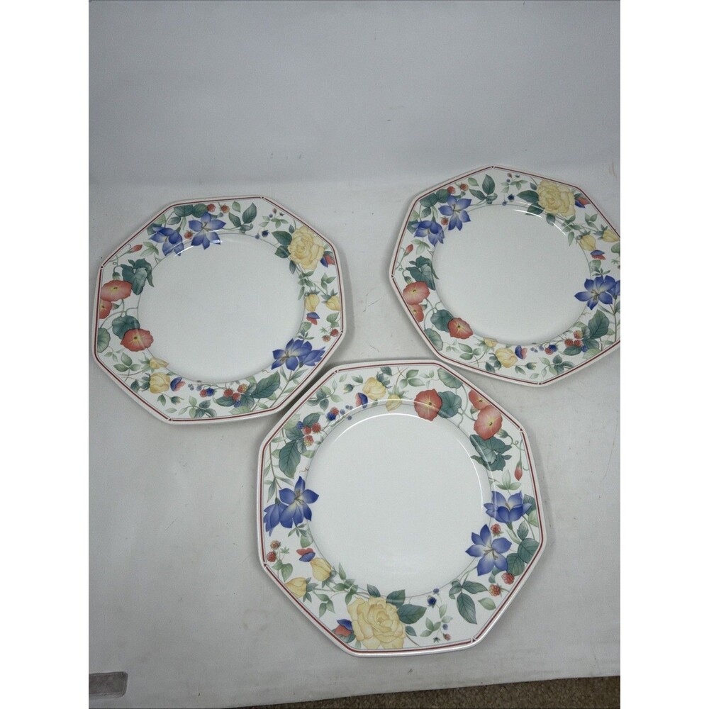 Set of 3 Mikasa Spring Sonata DV010 Dinner Plates Octagonal Flowers Berries